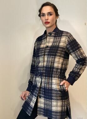 Cacharel Cotton Blend Car Coat RL Inspired Navy White Check Equestrian Sz M Est